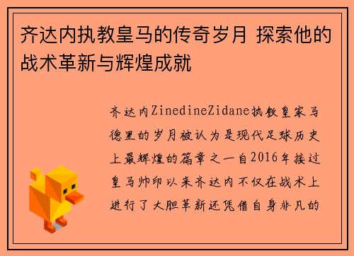 齐达内执教皇马的传奇岁月 探索他的战术革新与辉煌成就
