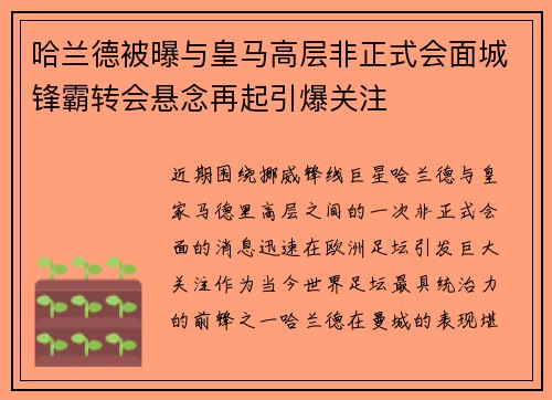 哈兰德被曝与皇马高层非正式会面城锋霸转会悬念再起引爆关注